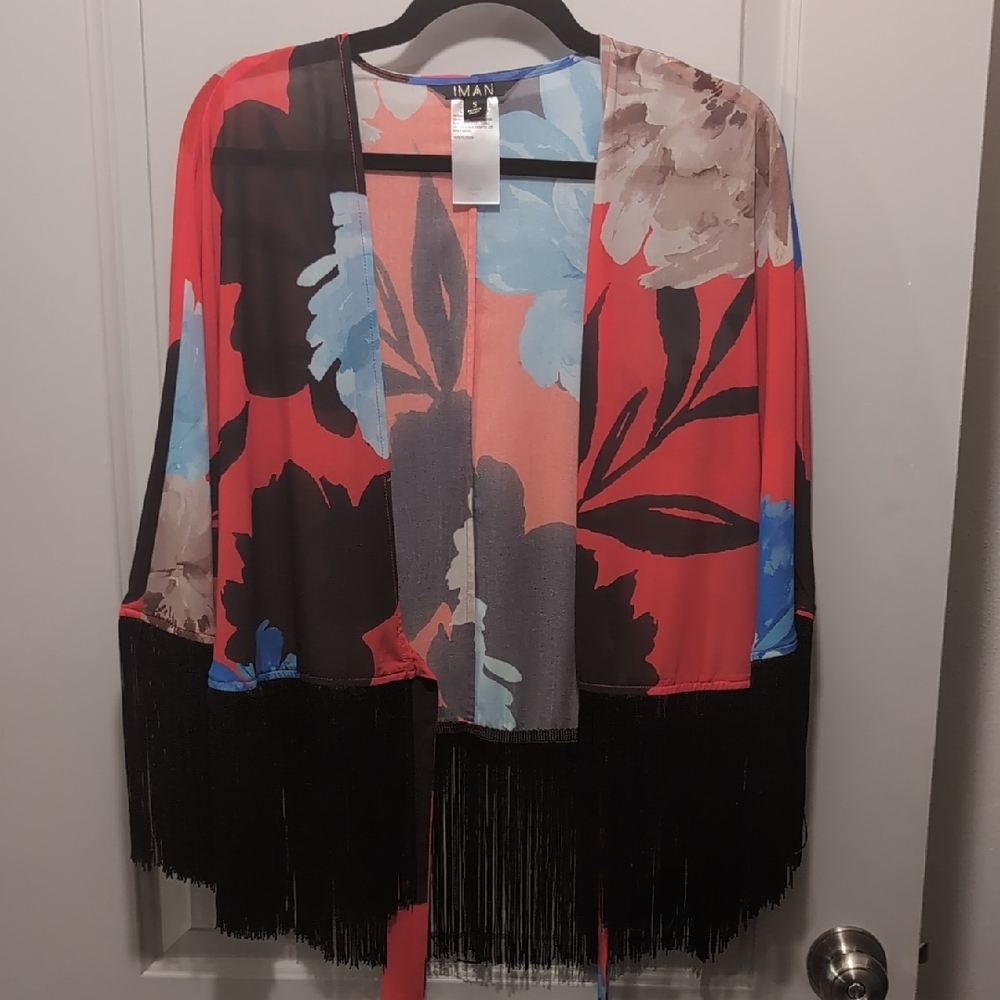 IMAN Floral Kimono with Fringe S
